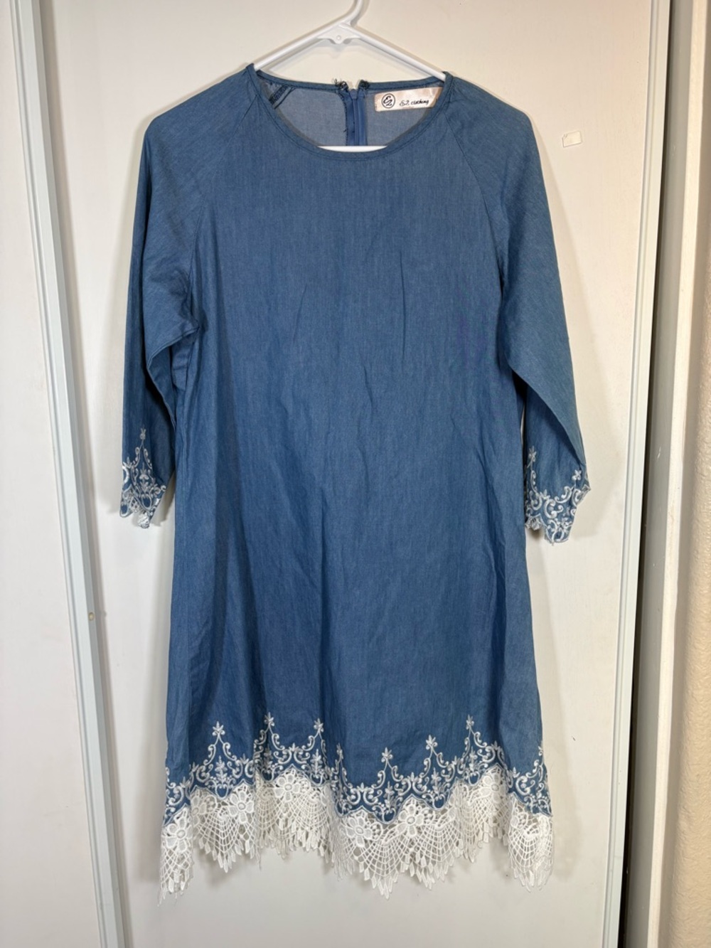 Denim Peasant White Eyelet Trim Dress Embroidered L
